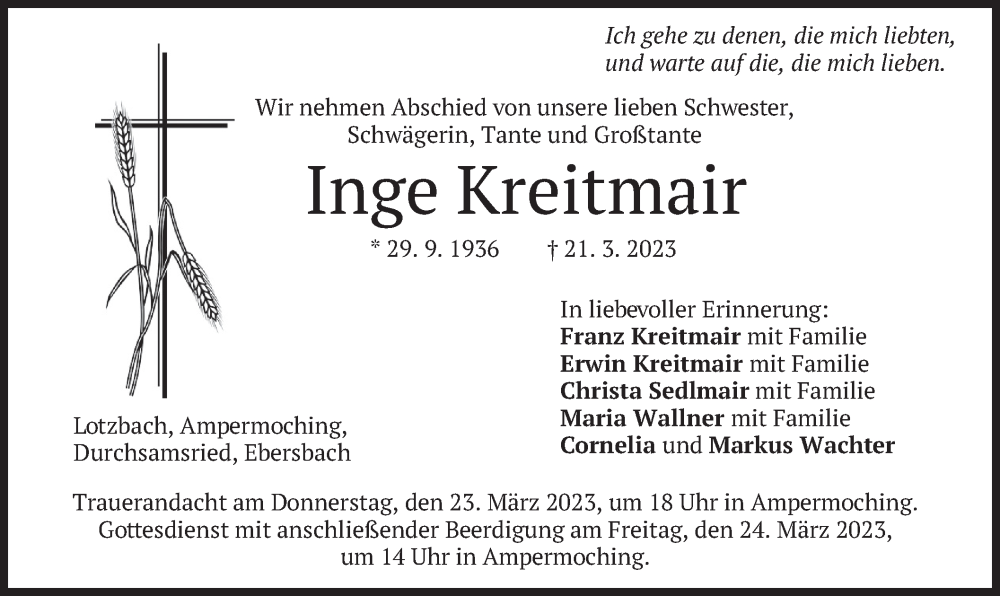  Traueranzeige für Inge Kreitmair vom 23.03.2023 aus merkurtz