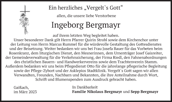 Traueranzeige von Ingeborg Bergmayr von merkurtz