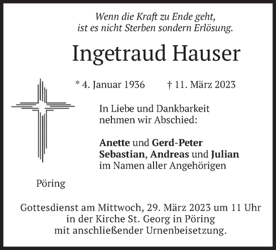 Traueranzeige von Ingetraud Hauser von merkurtz
