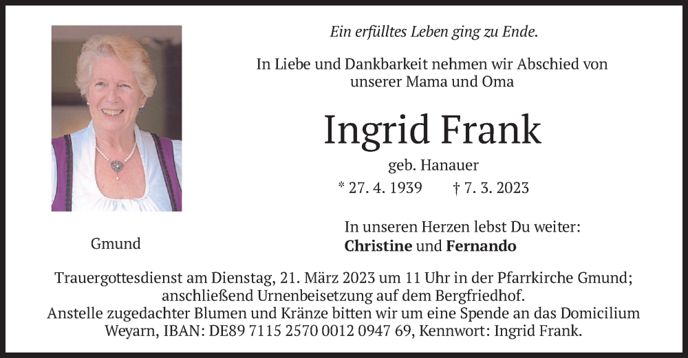  Traueranzeige für Ingrid Frank vom 18.03.2023 aus merkurtz