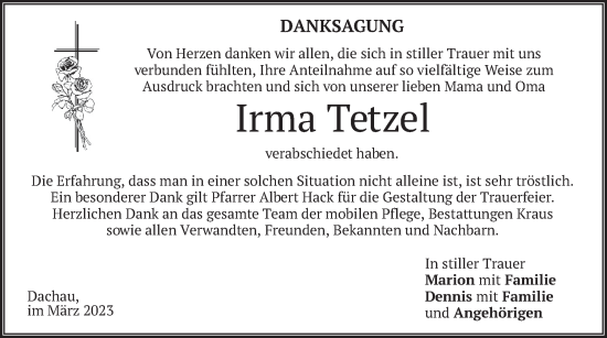 Traueranzeige von Irma Tetzel von merkurtz