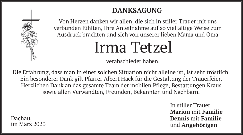  Traueranzeige für Irma Tetzel vom 11.03.2023 aus merkurtz