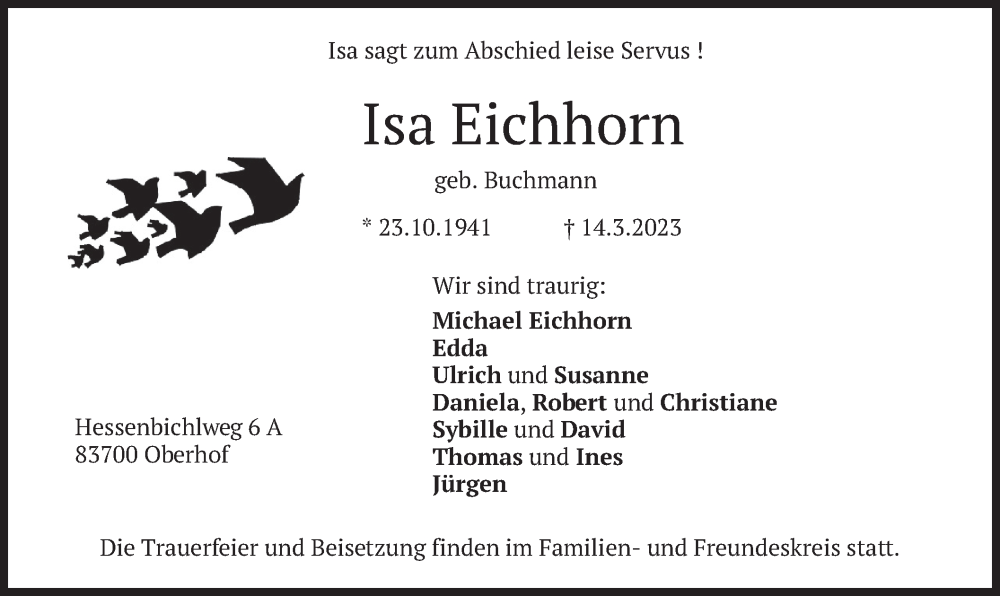  Traueranzeige für Isa Eichhorn vom 18.03.2023 aus merkurtz