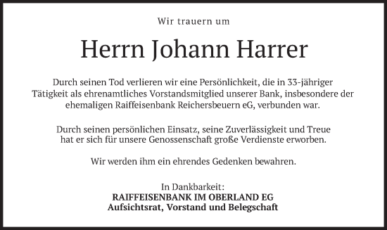 Traueranzeige von Johann Harrer von merkurtz