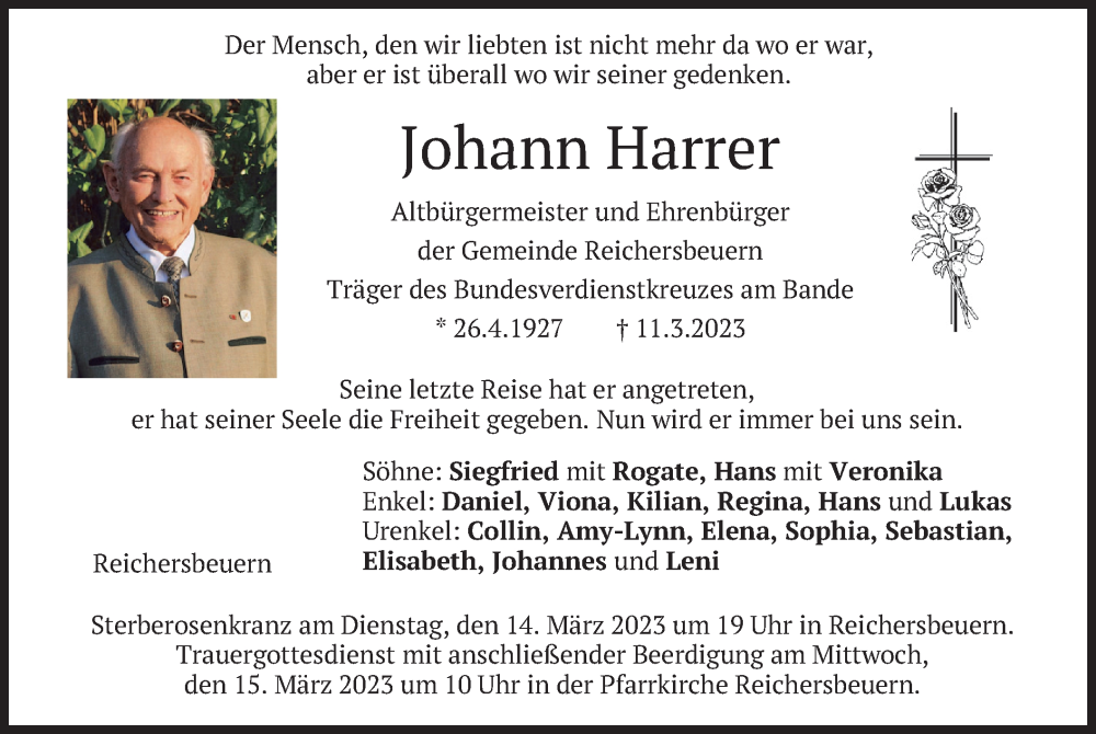  Traueranzeige für Johann Harrer vom 13.03.2023 aus merkurtz