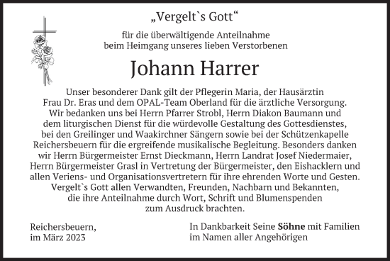Traueranzeige von Johann Harrer von merkurtz