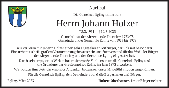 Traueranzeige von Johann Holzer von merkurtz