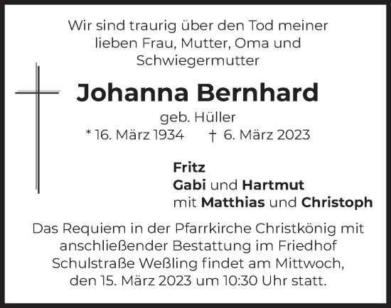 Traueranzeige von Johanna Bernhard von merkurtz
