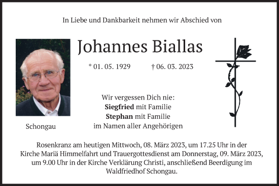 Traueranzeige von Johannes Biallas von merkurtz