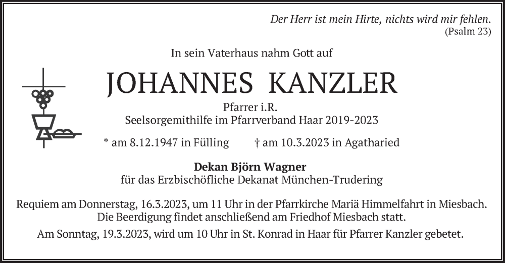  Traueranzeige für Johannes Kanzler vom 15.03.2023 aus merkurtz