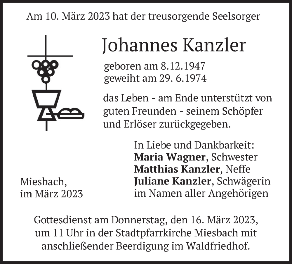  Traueranzeige für Johannes Kanzler vom 15.03.2023 aus merkurtz