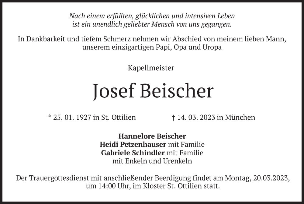  Traueranzeige für Josef Beischer vom 18.03.2023 aus merkurtz