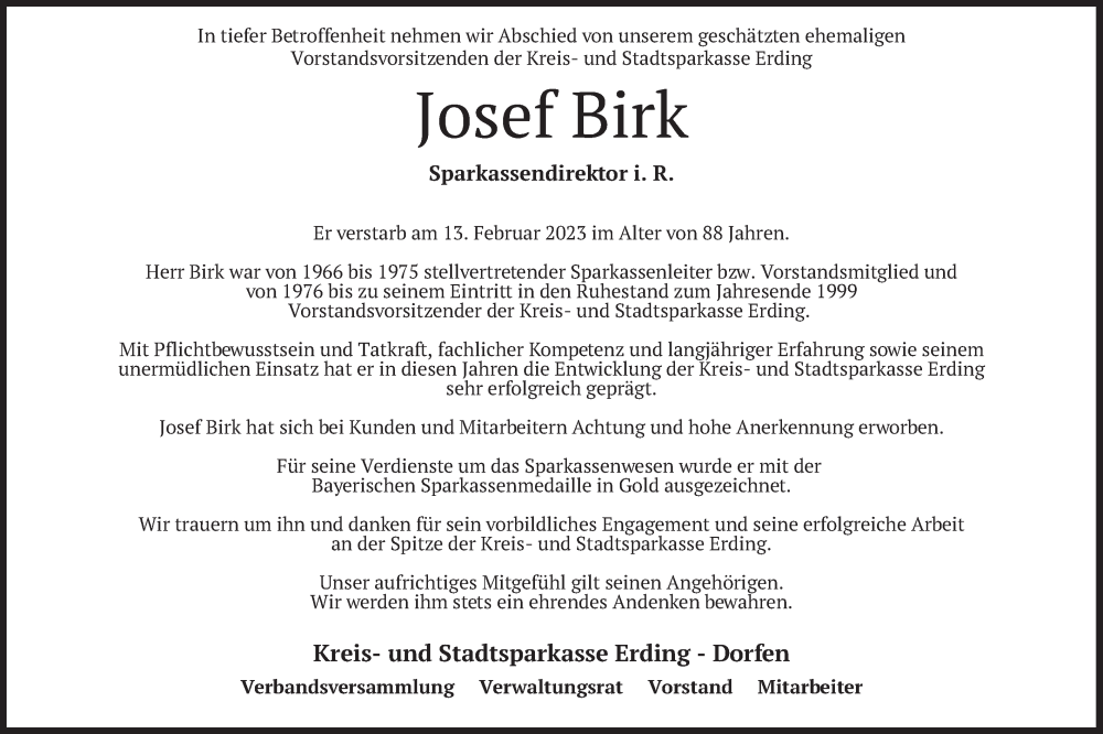  Traueranzeige für Josef Birk vom 04.03.2023 aus merkurtz