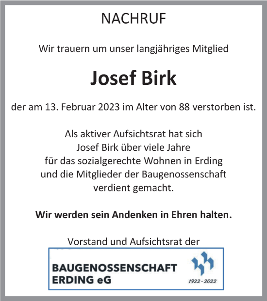 Traueranzeige von Josef Birk von merkurtz