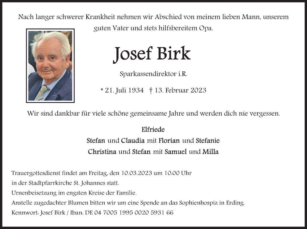  Traueranzeige für Josef Birk vom 03.03.2023 aus merkurtz