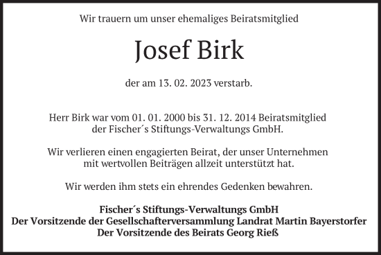 Traueranzeige von Josef Birk von merkurtz