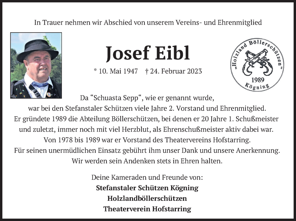  Traueranzeige für Josef Eibl vom 04.03.2023 aus merkurtz