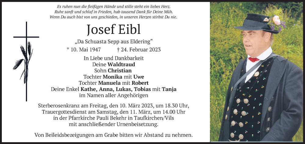  Traueranzeige für Josef Eibl vom 04.03.2023 aus merkurtz