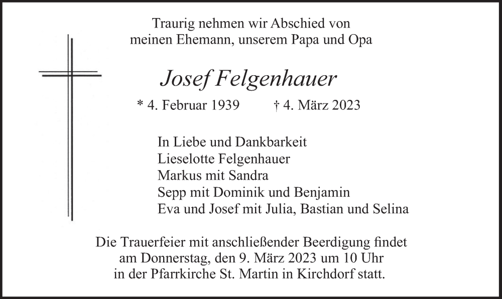  Traueranzeige für Josef Felgenhauer vom 08.03.2023 aus merkurtz