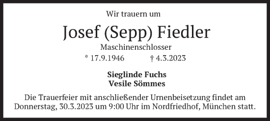 Traueranzeige von Josef Fiedler von merkurtz