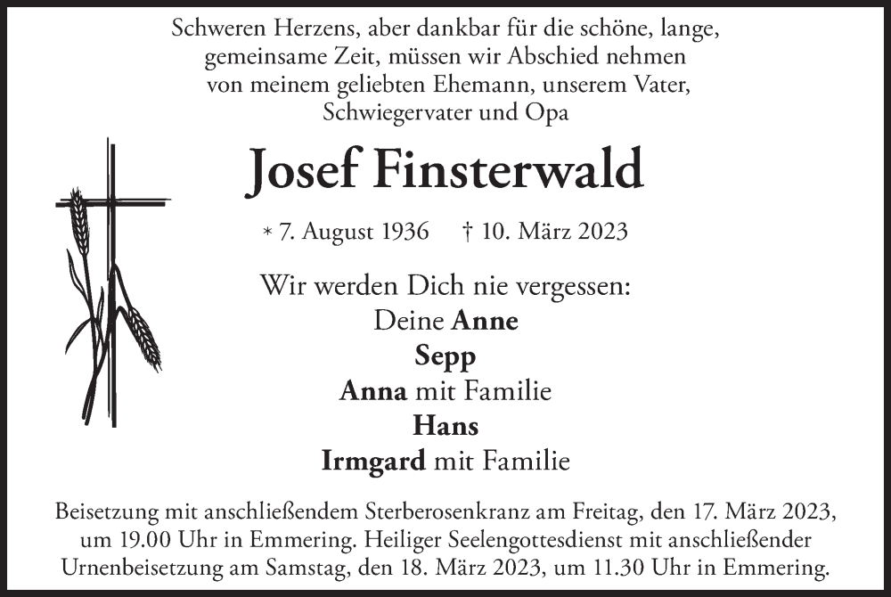 Traueranzeige für Josef Finsterwald vom 16.03.2023 aus merkurtz