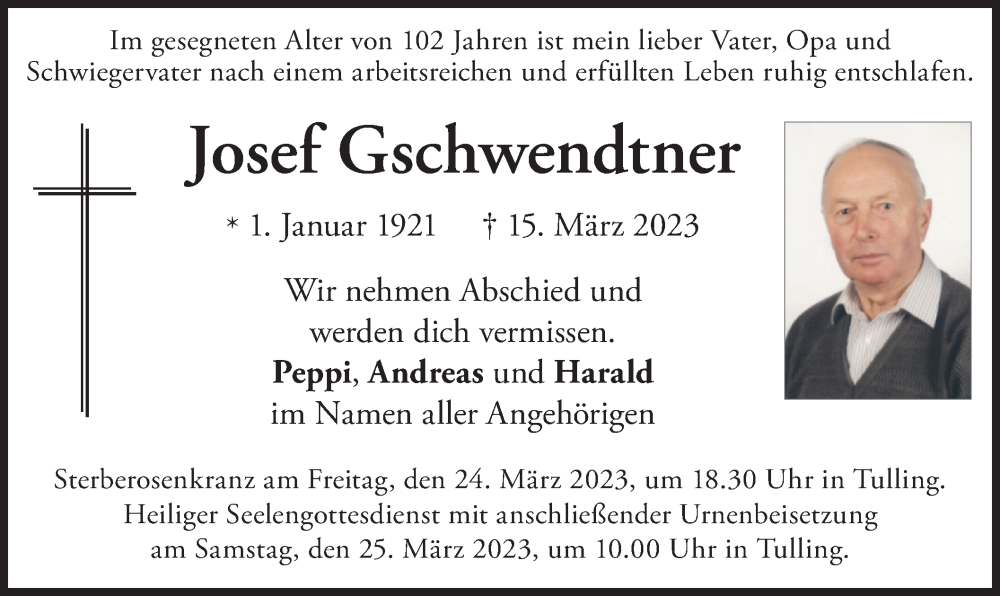  Traueranzeige für Josef Gschwendtner vom 22.03.2023 aus merkurtz