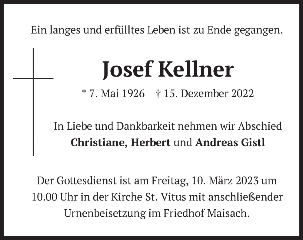 Traueranzeige für Josef Kellner vom 04.03.2023 aus merkurtz