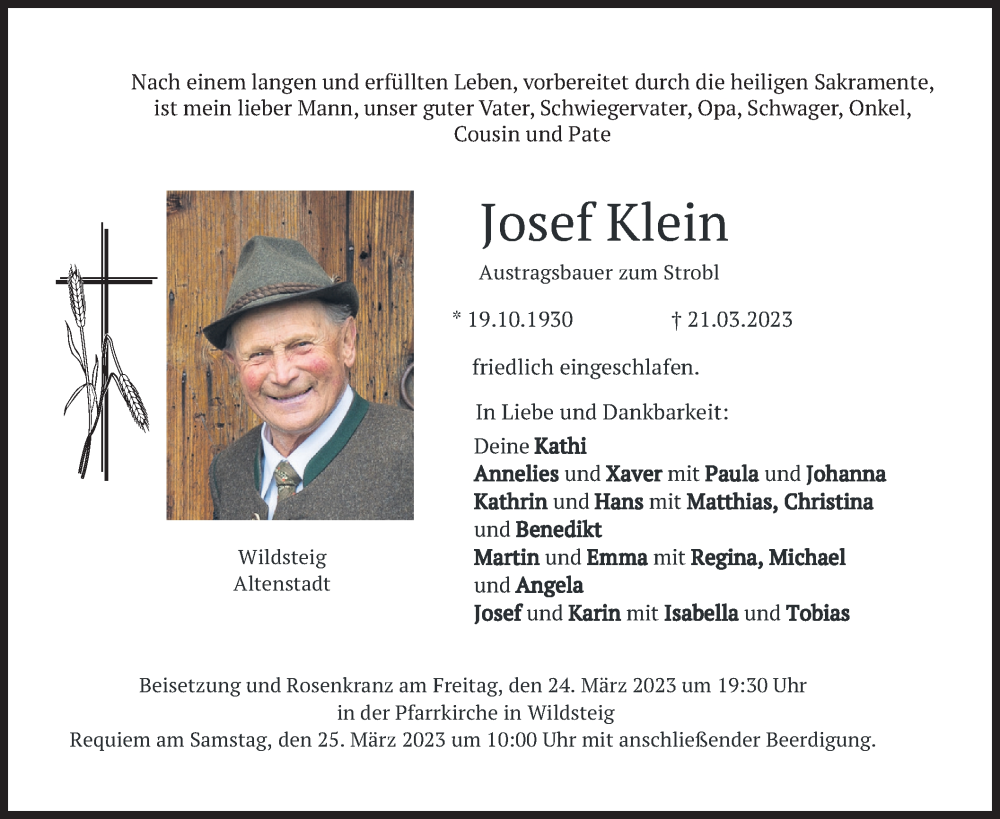  Traueranzeige für Josef Klein vom 23.03.2023 aus merkurtz