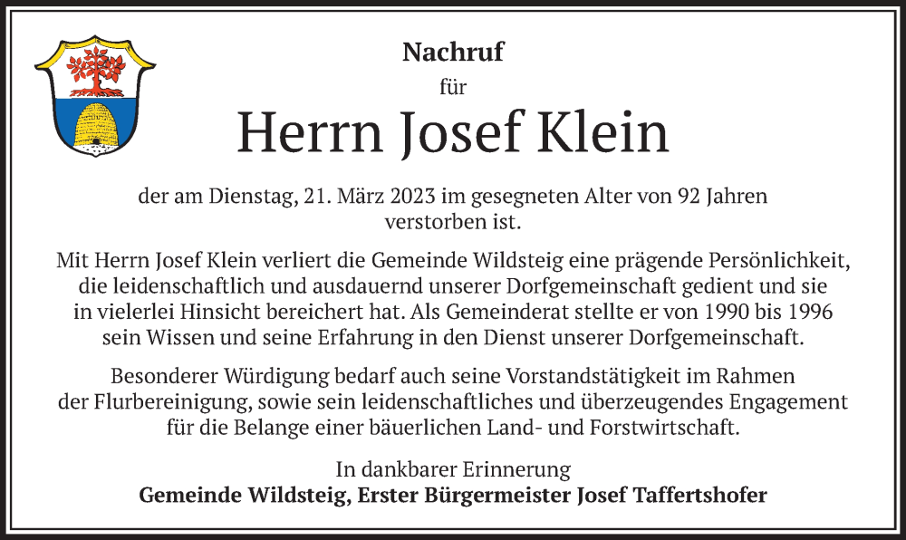  Traueranzeige für Josef Klein vom 24.03.2023 aus merkurtz