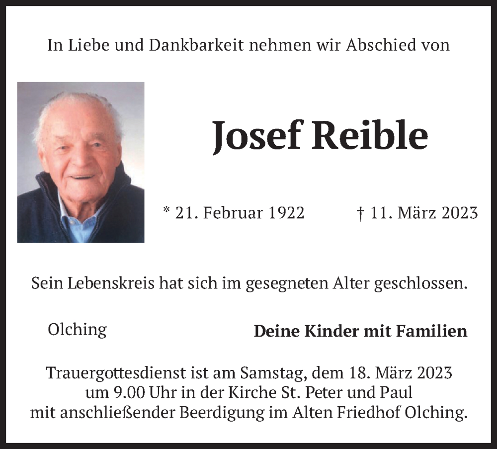  Traueranzeige für Josef Reible vom 15.03.2023 aus merkurtz