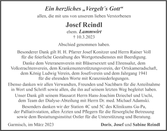 Traueranzeige von Josef Reindl von merkurtz