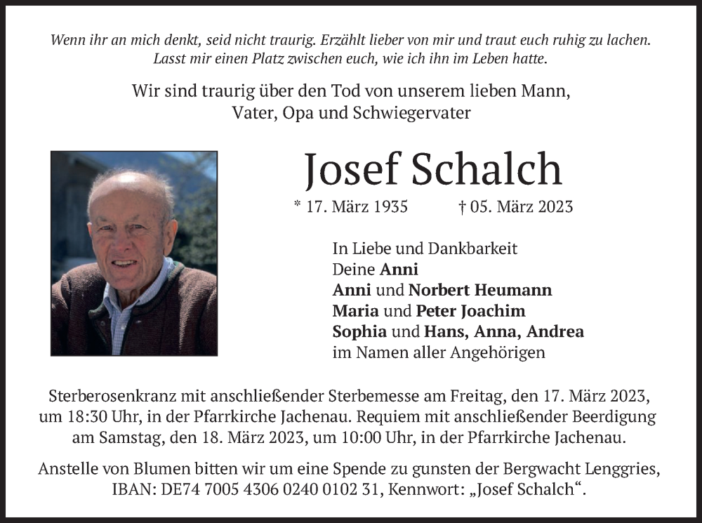  Traueranzeige für Josef Schalch vom 15.03.2023 aus merkurtz