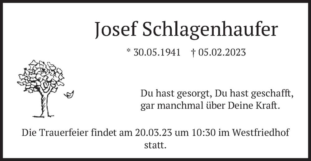  Traueranzeige für Josef Schlagenhaufer vom 17.03.2023 aus merkurtz