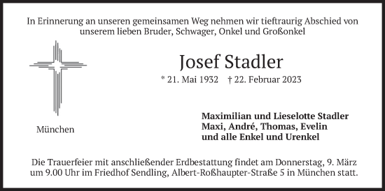 Traueranzeige von Josef Stadler von merkurtz