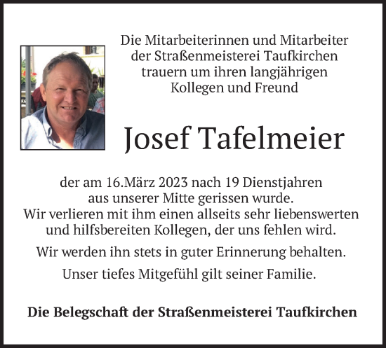 Traueranzeige von Josef Tafelmeier von merkurtz