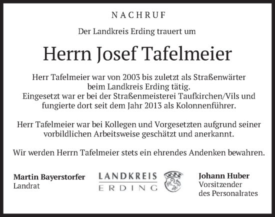 Traueranzeige von Josef Tafelmeier von merkurtz