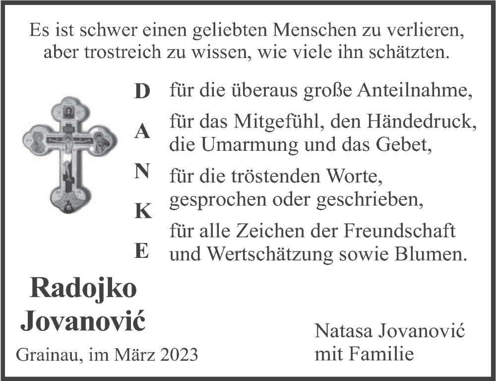  Traueranzeige für Radojko Jovanovic vom 18.03.2023 aus merkurtz