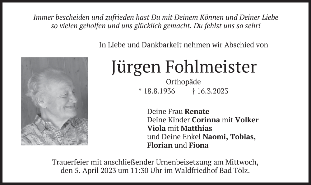  Traueranzeige für Jürgen Fohlmeister vom 25.03.2023 aus merkurtz