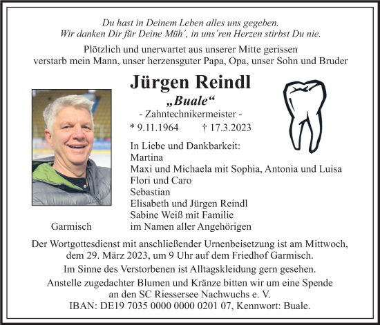 Traueranzeige von Jürgen Reindl von merkurtz