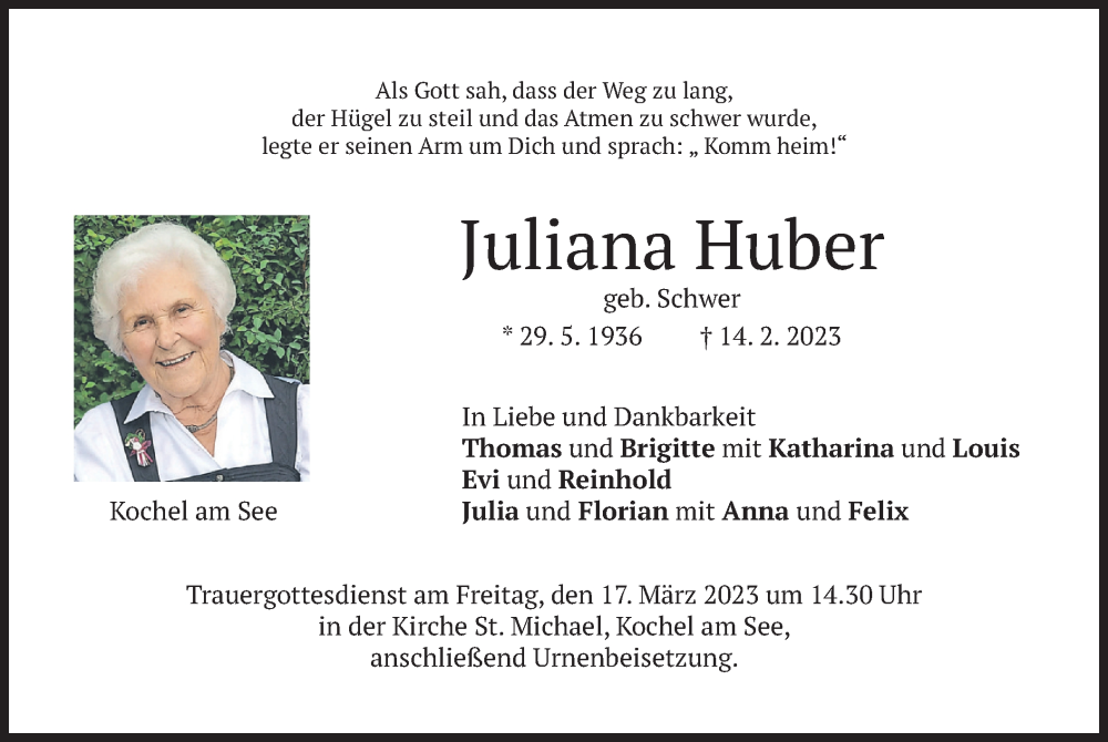  Traueranzeige für Juliana Huber vom 15.03.2023 aus merkurtz