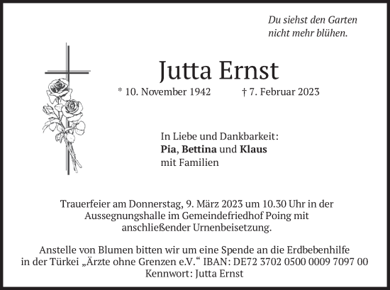Traueranzeige von Jutta Ernst von merkurtz