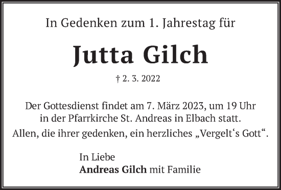 Traueranzeige von Jutta Gilch von merkurtz