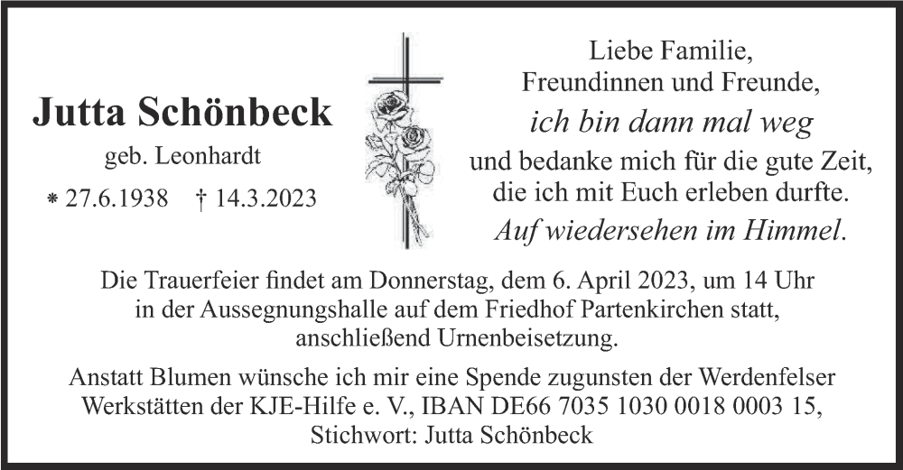  Traueranzeige für Jutta Schönbeck vom 01.04.2023 aus merkurtz