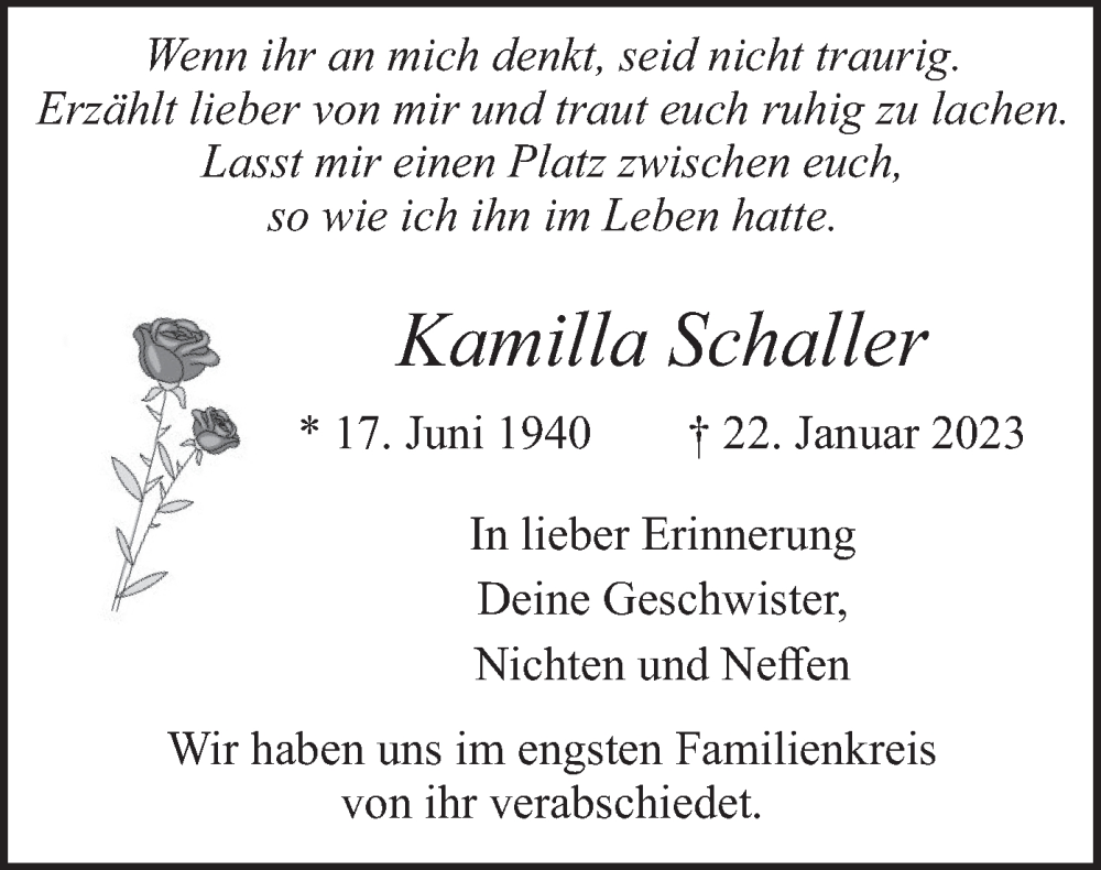  Traueranzeige für Kamilla Schaller vom 18.03.2023 aus merkurtz