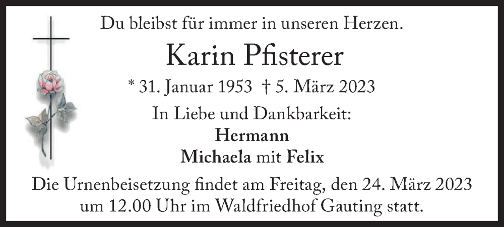  Traueranzeige für Karin Pfisterer vom 18.03.2023 aus merkurtz