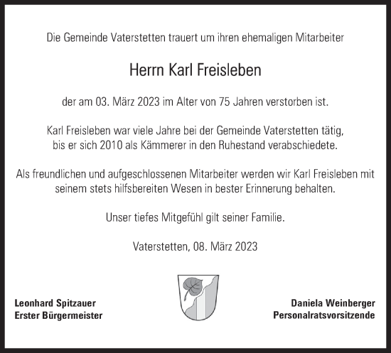 Traueranzeige von Karl Freisleben von merkurtz