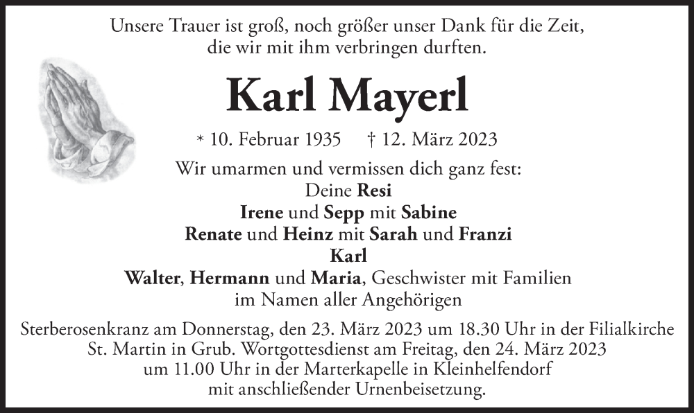  Traueranzeige für Karl Mayerl vom 21.03.2023 aus merkurtz