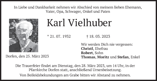 Traueranzeige von Karl Vielhuber von merkurtz