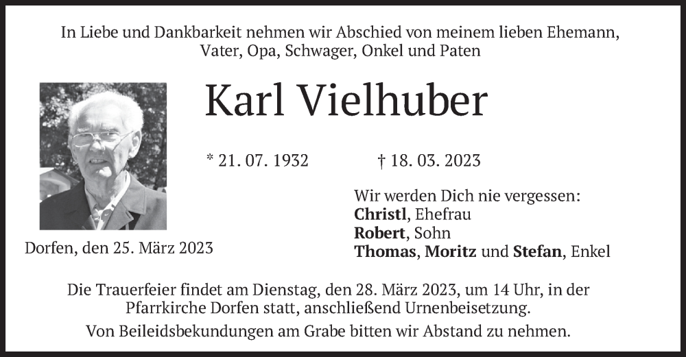  Traueranzeige für Karl Vielhuber vom 25.03.2023 aus merkurtz
