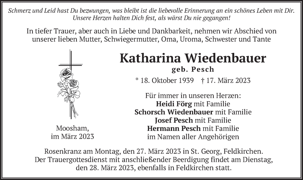  Traueranzeige für Katharina Wiedenbauer vom 25.03.2023 aus merkurtz